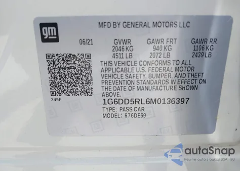 2021 Cadillac Ct4 V-Series из США, поврежденный, VIN 1G6DD5RL6M0136397